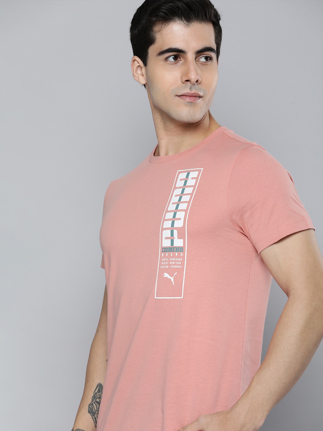 

Puma Men Rose & White Worldwide Graphic Tee Printed Slim Fit Pure Cotton T-shirt