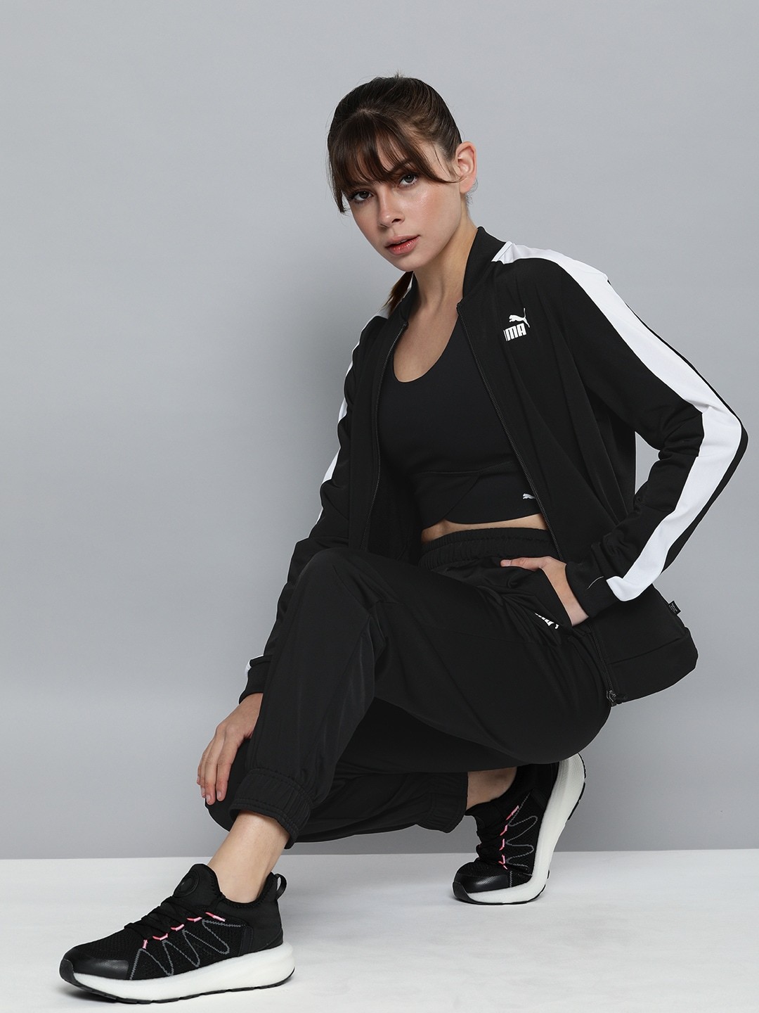 

Puma Women Black Brand Logo Printed Baseball Tricot Tracksuit