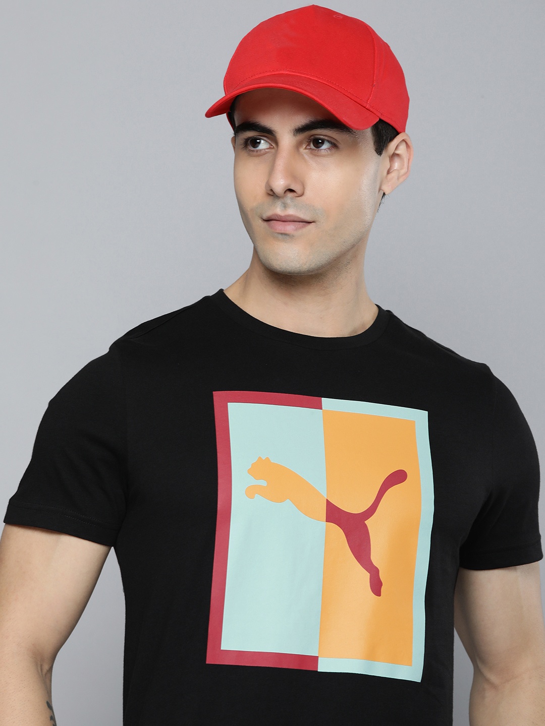 

Puma Men Black & Multicoloured Graphic Printed Slim Fit Pure Cotton Casual T-shirt