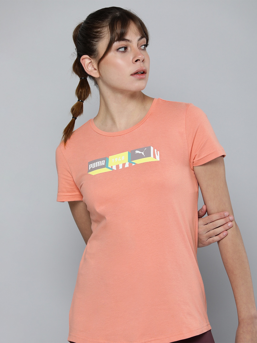 

Puma Brand Logo Printed Pure Cotton Regular Fit T-shirt, Peach
