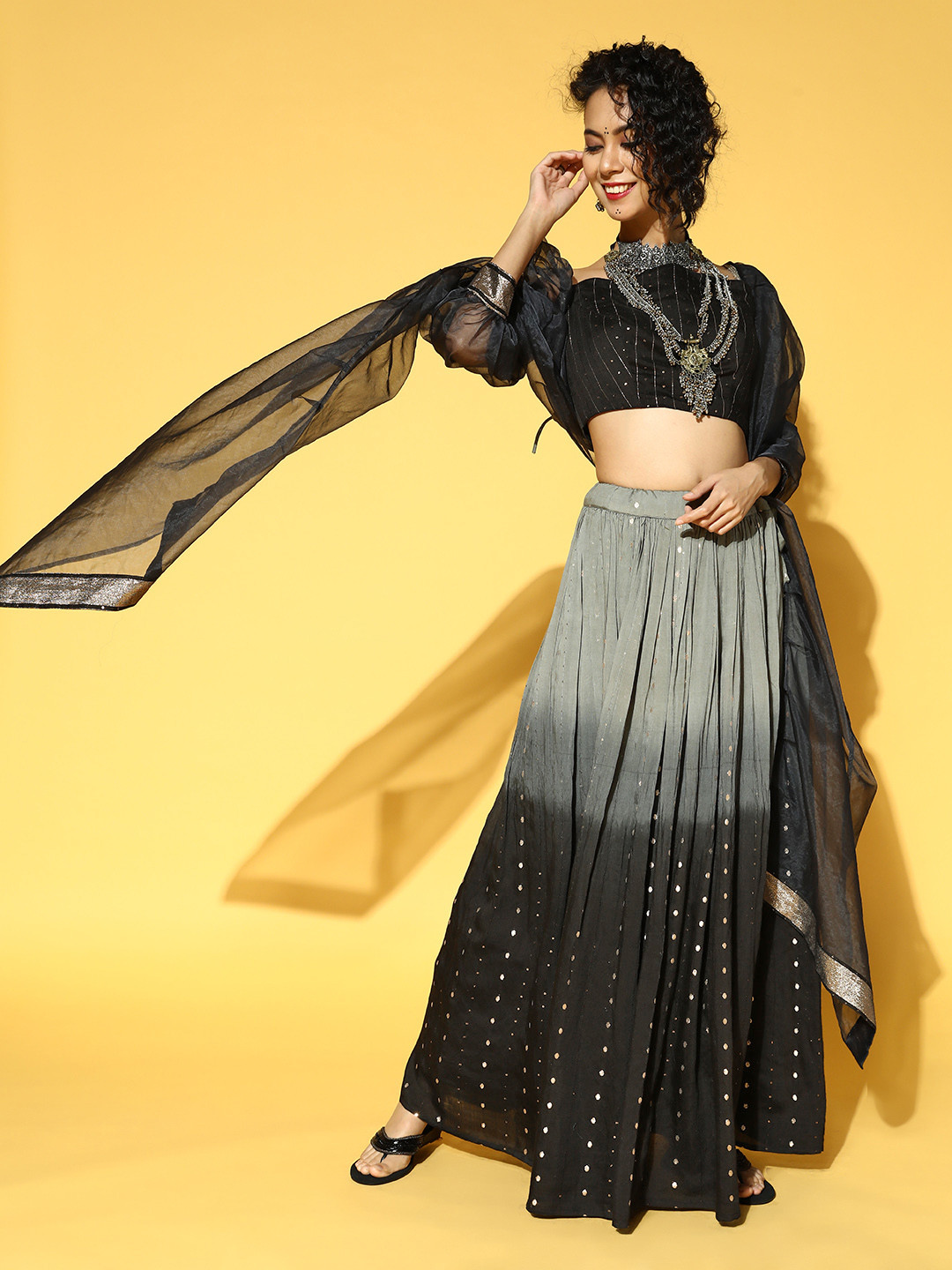 

RAJGRANTH Black & Grey Embellished Semi-Stitched Lehenga & Unstitched Blouse With Dupatta