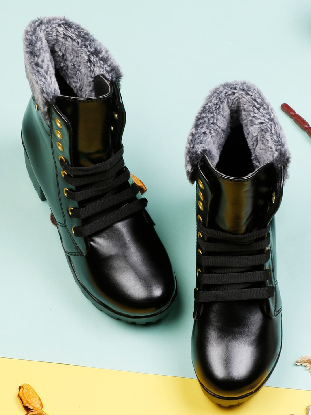 

Denill Women Black Lace Up Block Heeled Winter Boots
