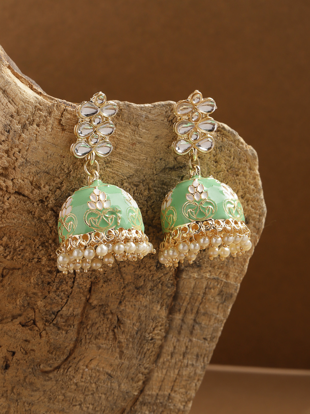 

Melani Borsa Sea Green & Gold-Plated Dome Shaped Jhumkas Earrings