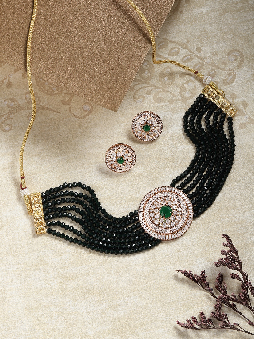 

Melani Borsa Green Rose Gold Plated Cubic Zirconia Ethnic Jewellery Set