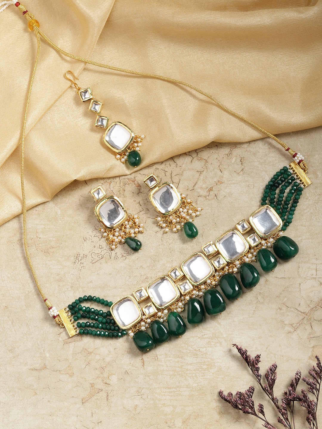 

Melani Borsa Gold-Plated Green & White Kundan Choker Necklace Set