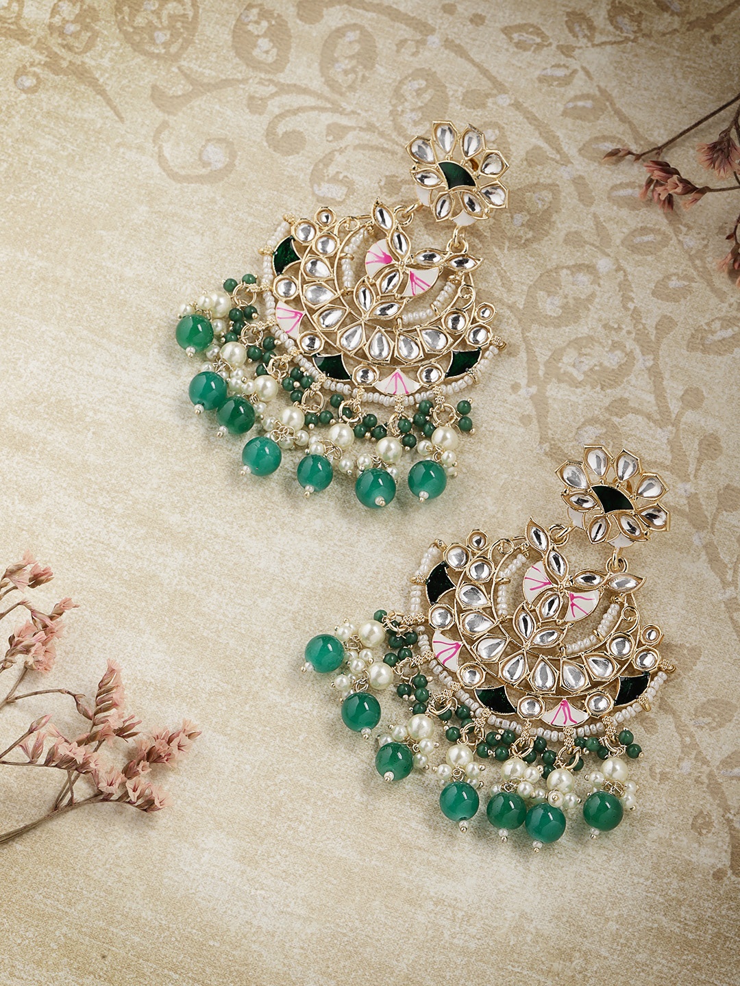 

Melani Borsa Green & Gold-Plated Crescent Shaped Chandbalis Earrings
