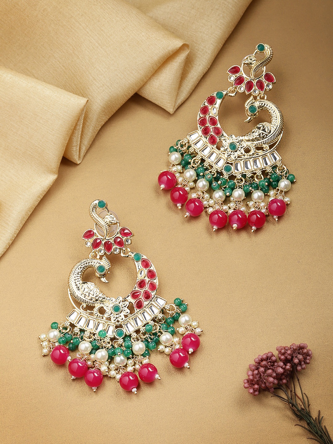 

Melani Borsa Magenta & Gold-Plated Peacock Shaped Drop Earrings