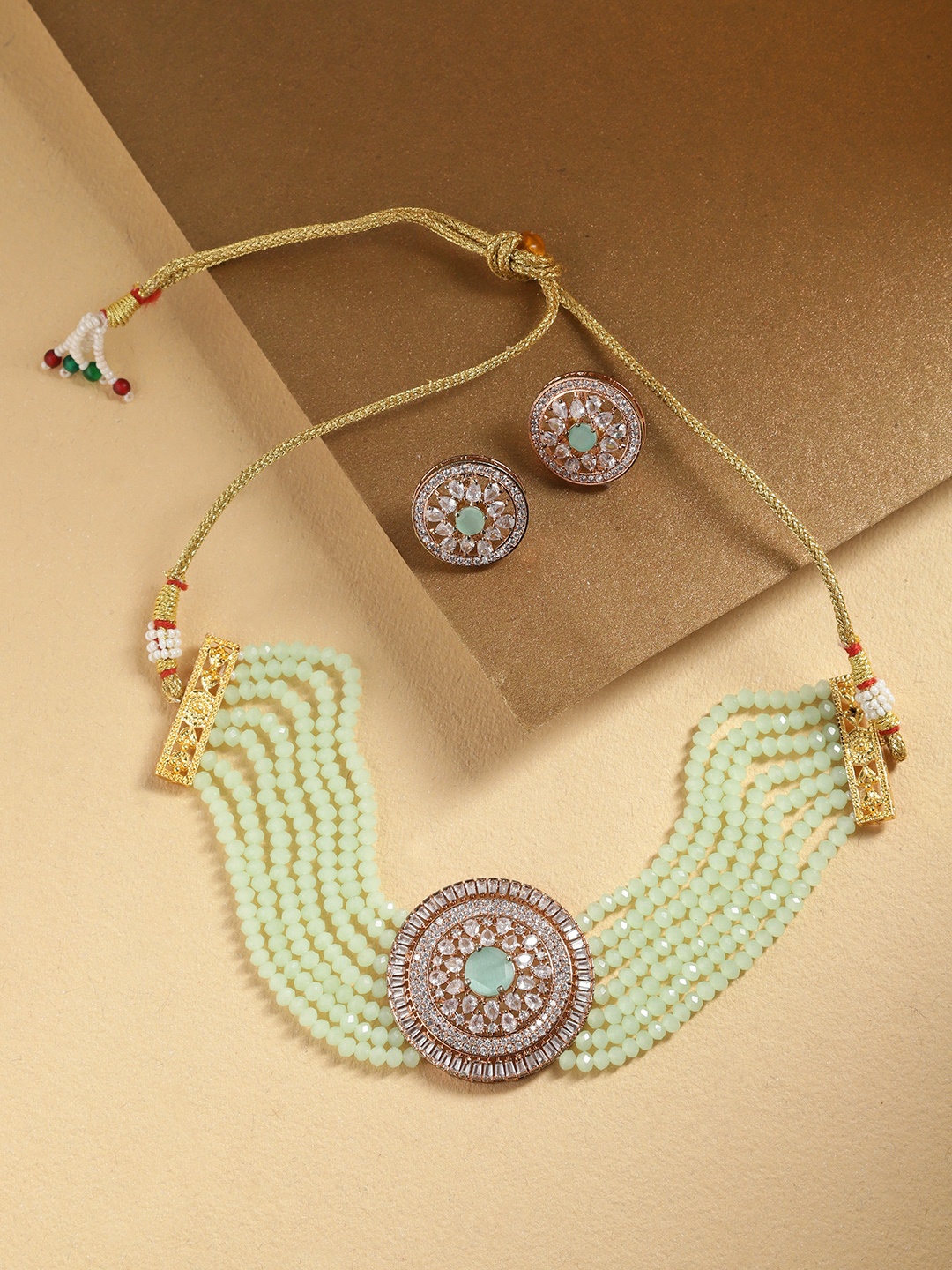 

Melani Borsa Rose Gold-Plated Mint Green CZ Studded Jewellery Set