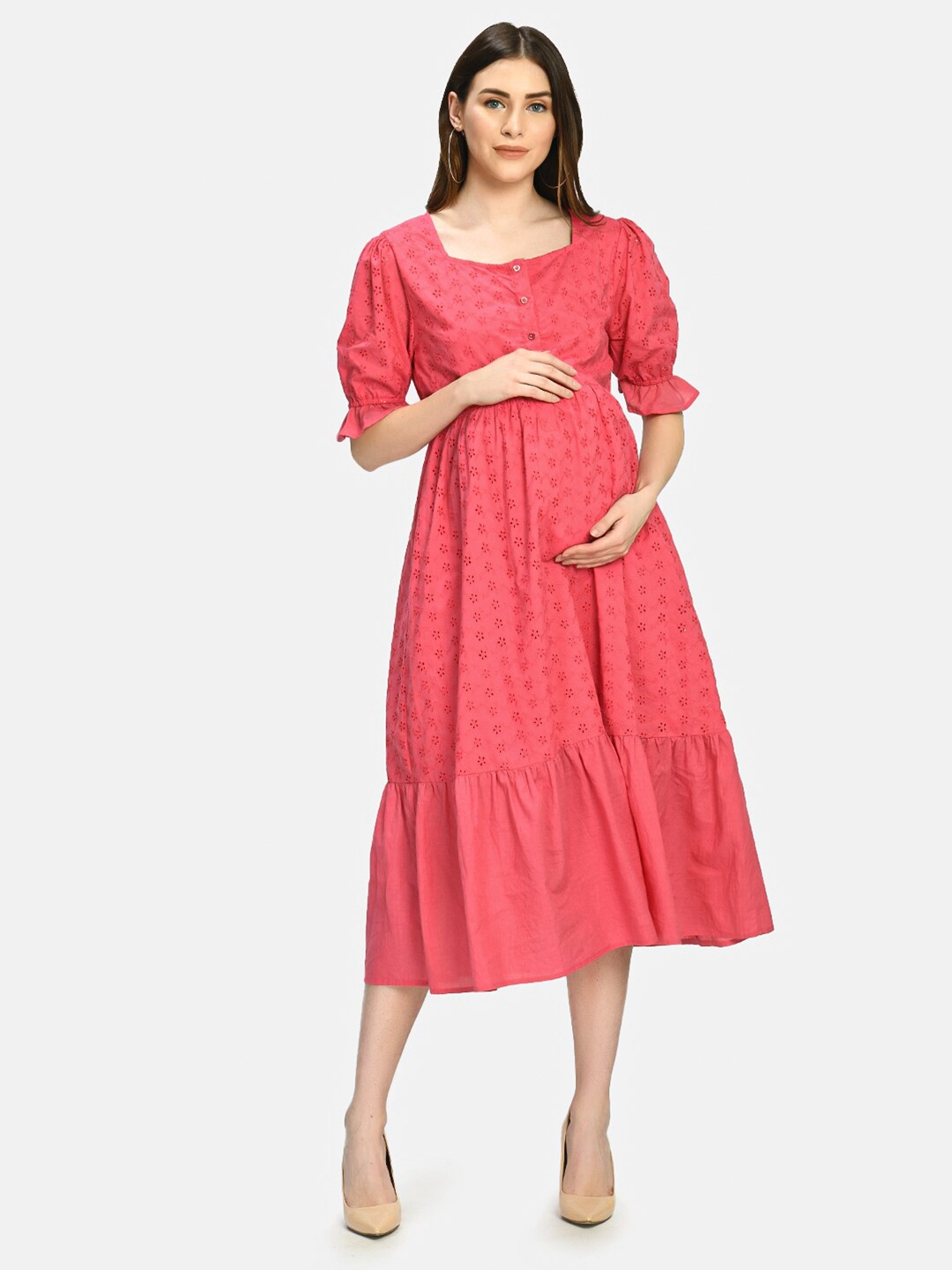 

Aaruvi Ruchi Verma Women Pink Ethnic Motifs Maternity A-Line Midi Dress