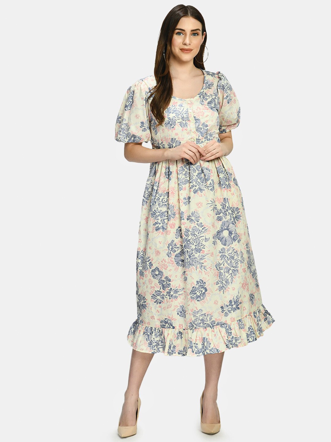 

Aaruvi Ruchi Verma White & Blue Floral Printed Maternity Empire Midi Dress