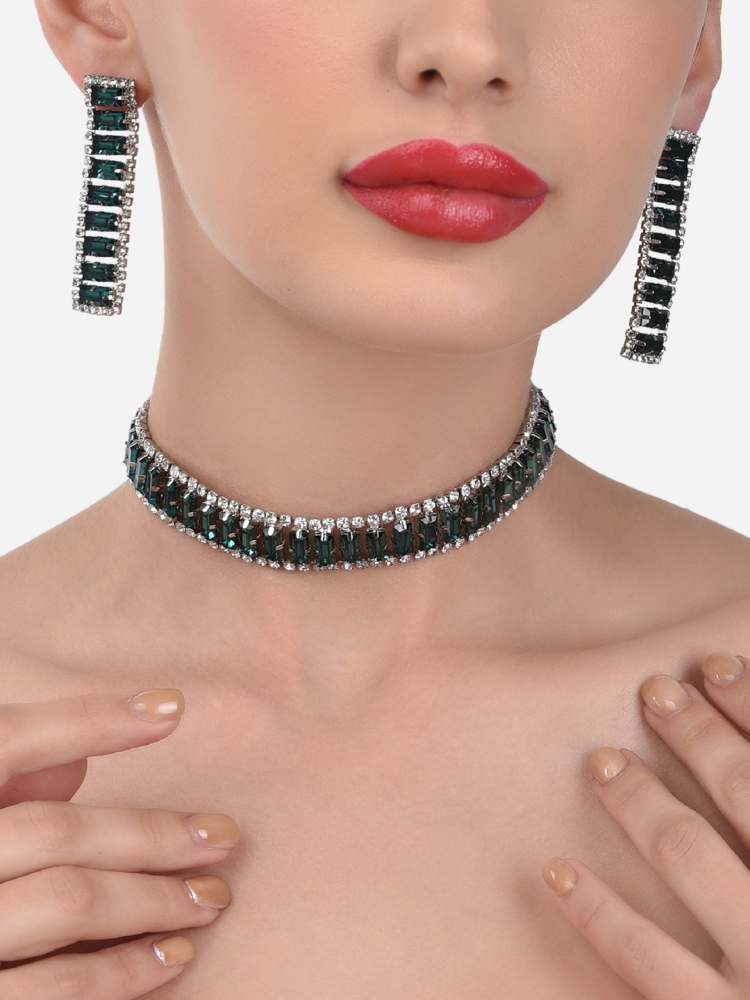 

AMI Silver-Plated & Green Stone-Studded Jewellery Set