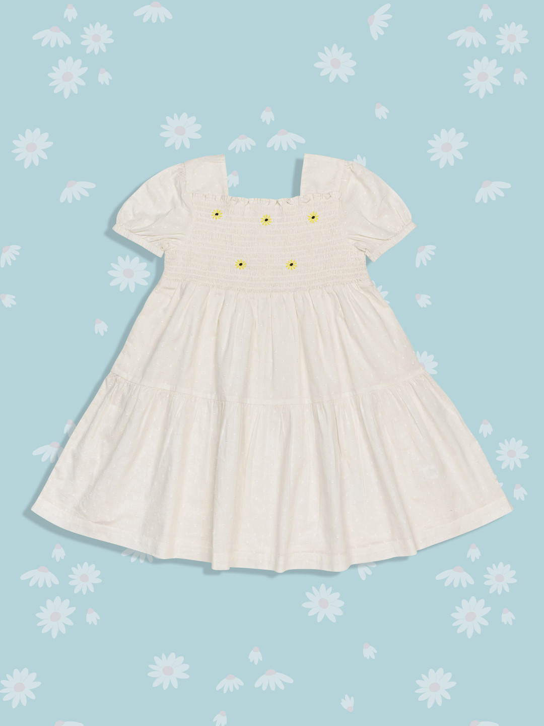 

H By Hamleys Girls White Self-Design Smocked Pure Cotton A-Line Dress