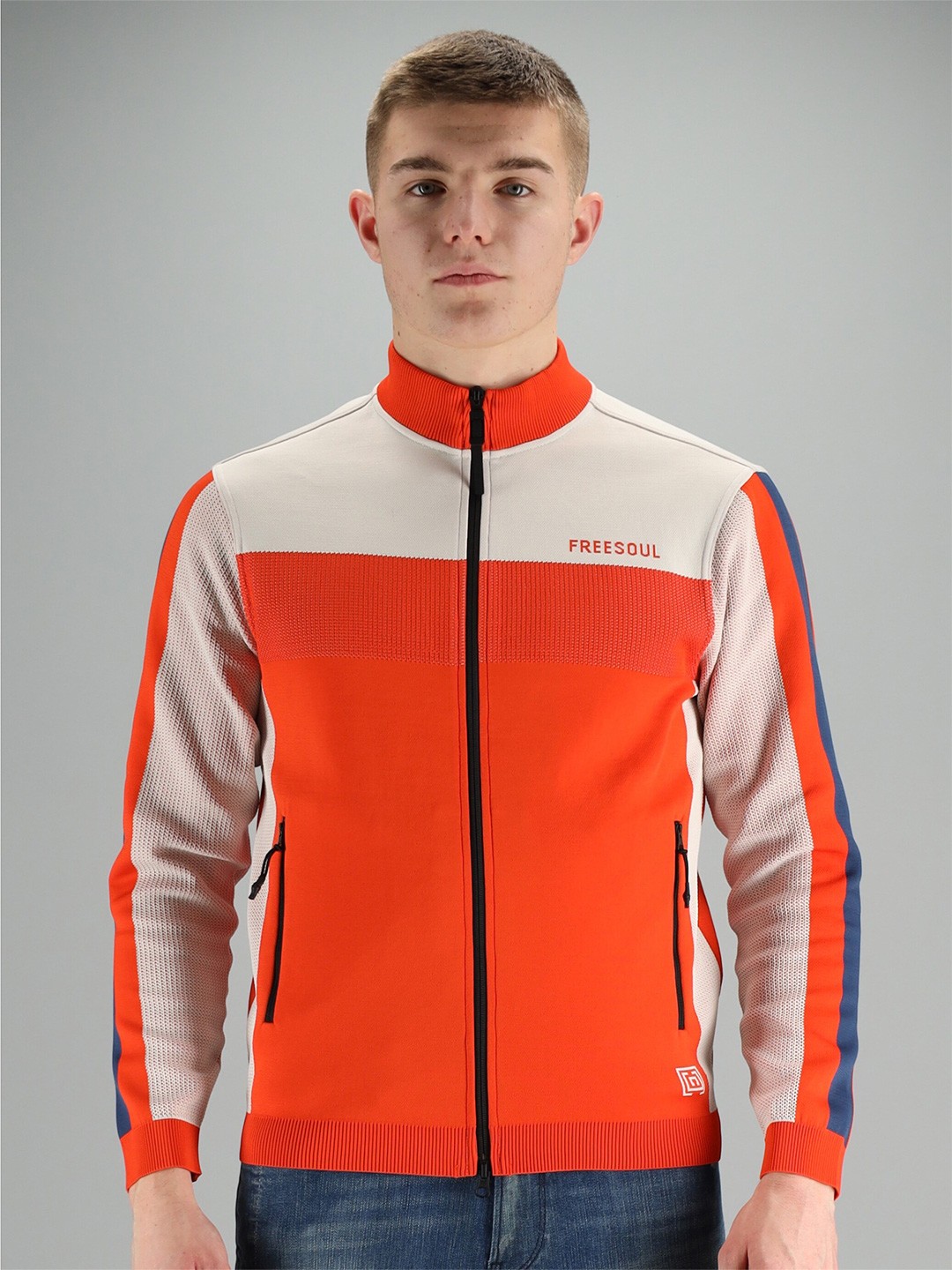 

FREESOUL Men Orange & Beige Colourblocked Sweatshirt