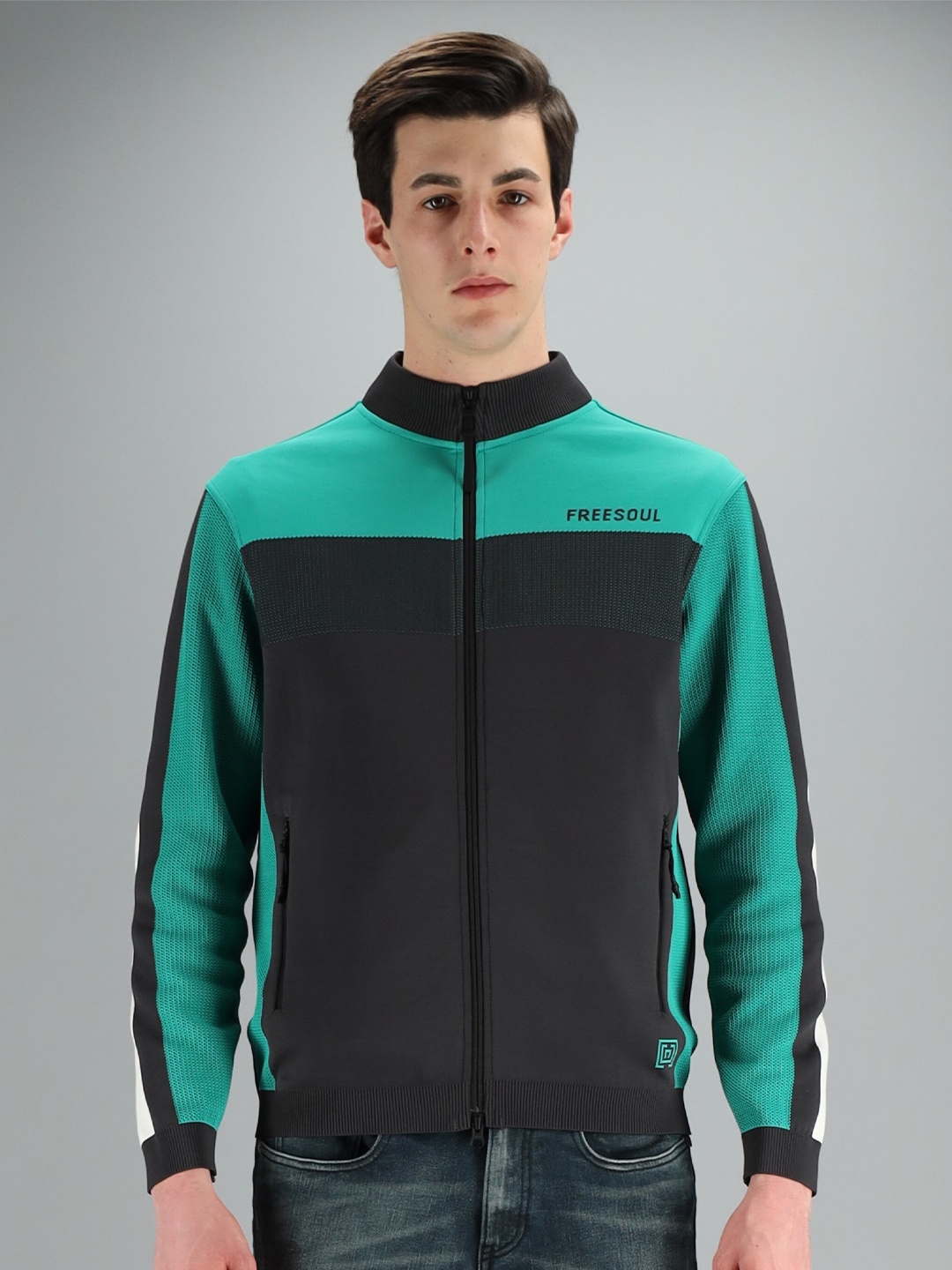 

FREESOUL Men Green & Charcoal Colourblocked Sweatshirt