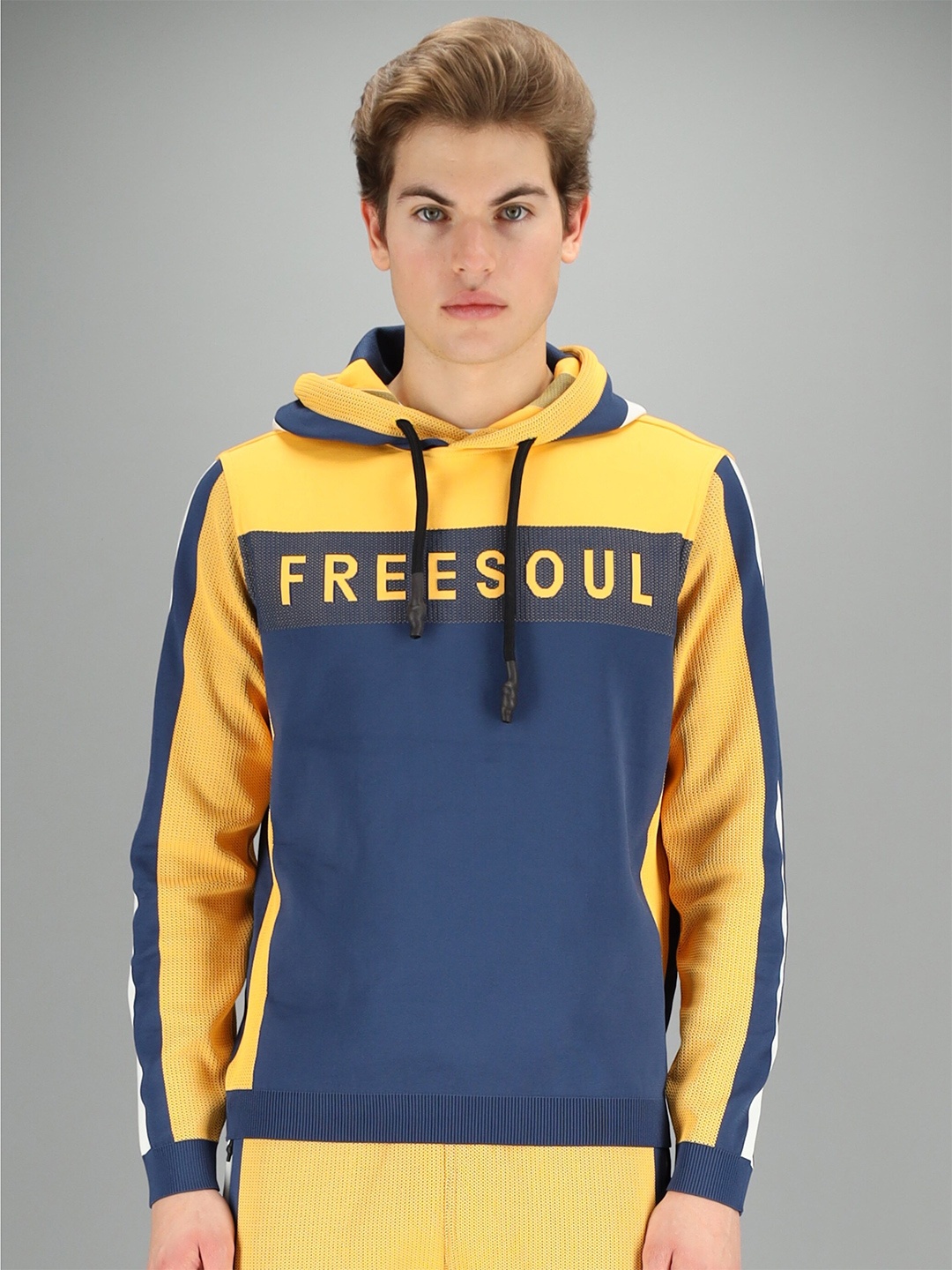 

FREESOUL Men Blue & Yellow Colourblocked Sweatshirt