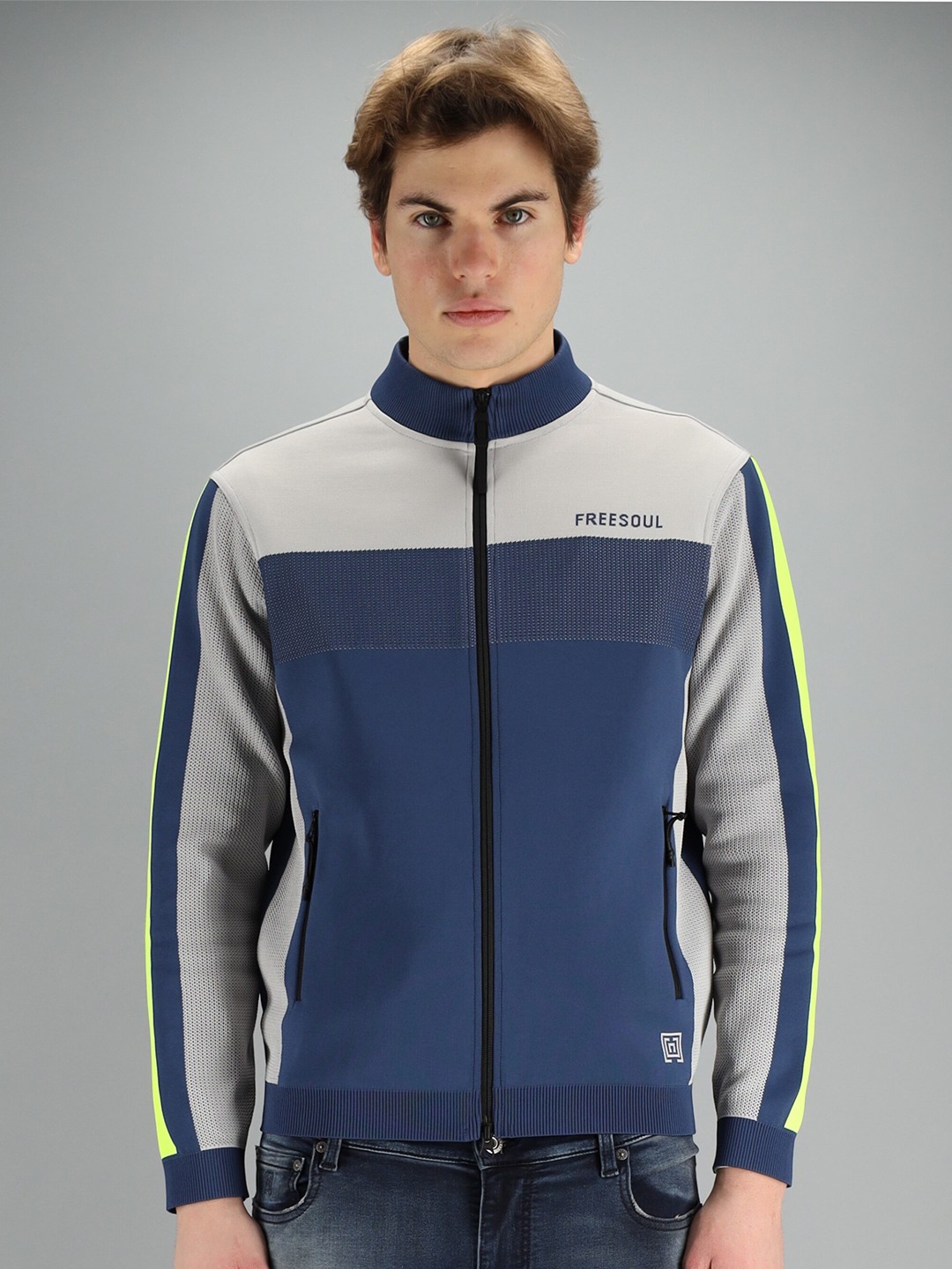 

FREESOUL Men Blue & Grey Colourblocked Front-Open Sweatshirt