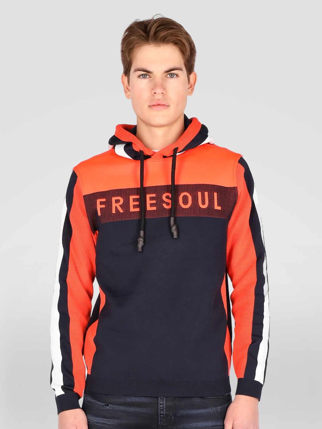 

FREESOUL Men Blue & Orange Colourblocked Hooded Sweatshirt