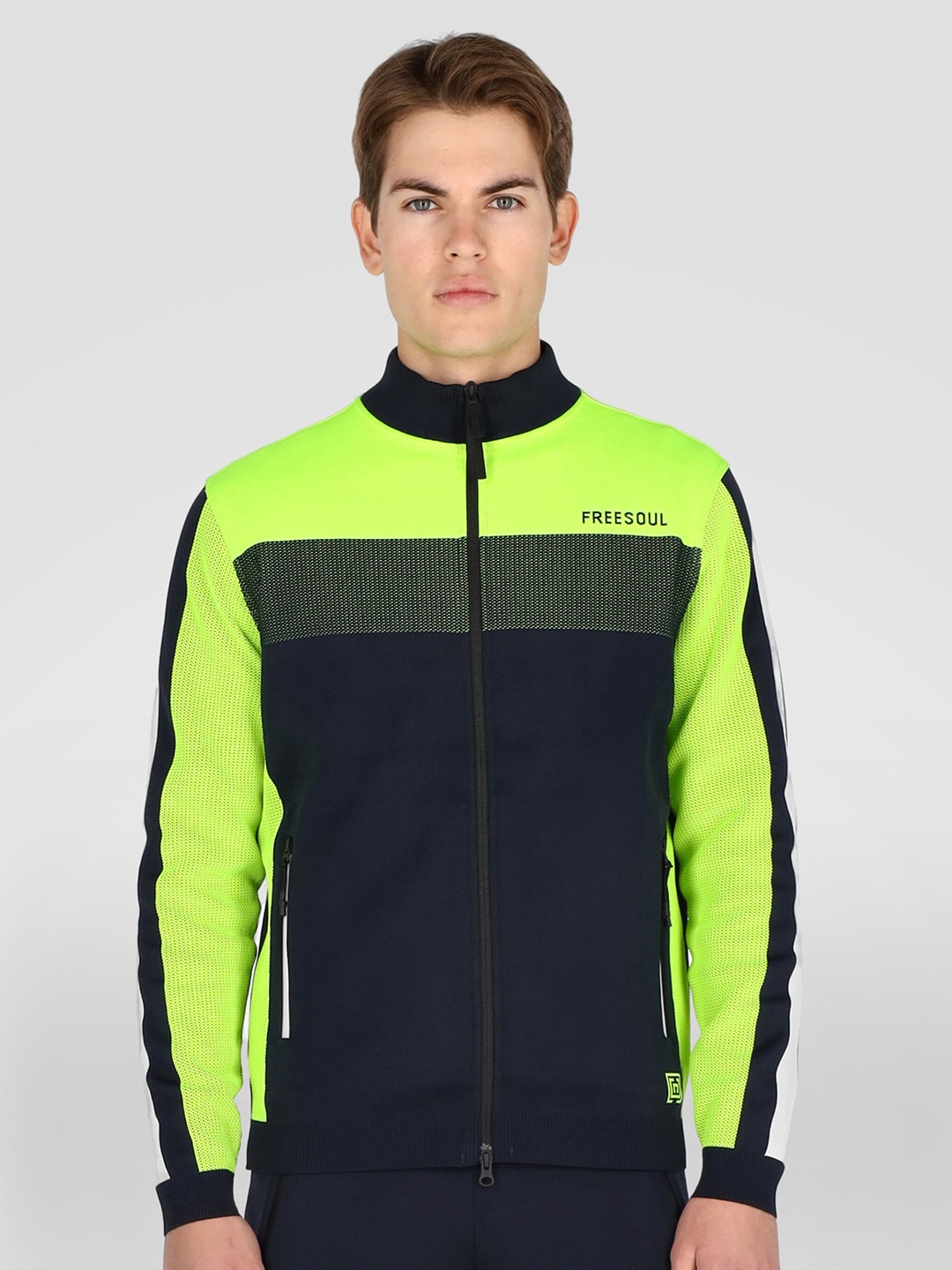 

FREESOUL Men Navy Blue & Fluorescent Green Colourblocked Sweatshirt