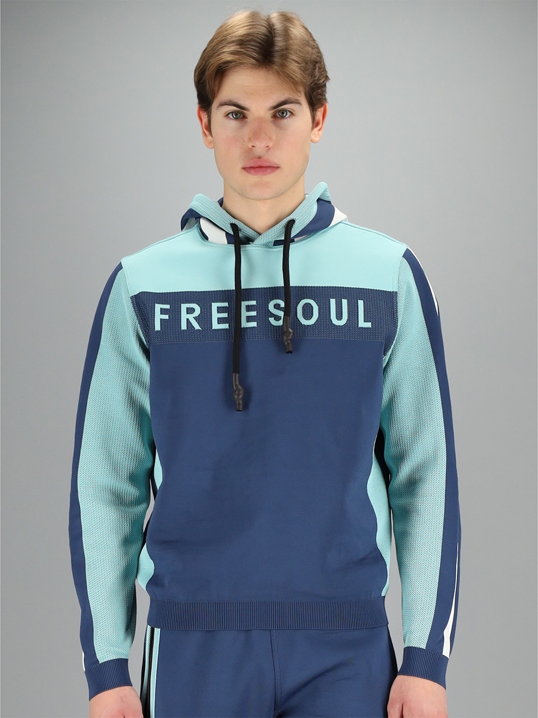 

FREESOUL Men Blue Colourblocked Hooded Sweatshirt