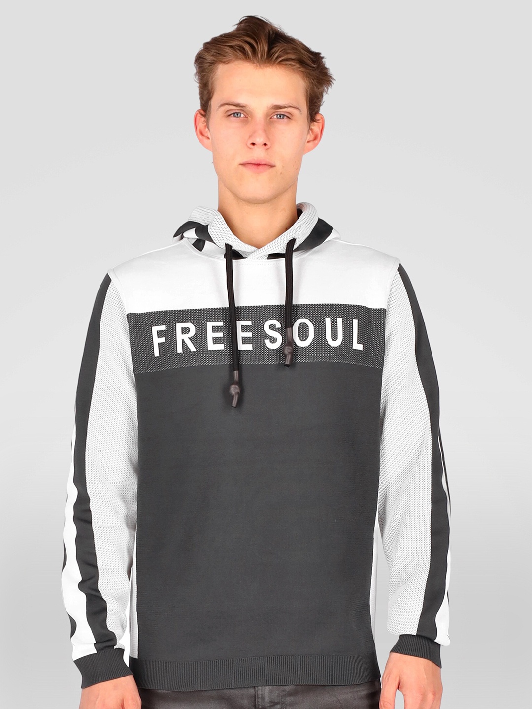 

FREESOUL Men Grey Printed Hooded Sweatshirt