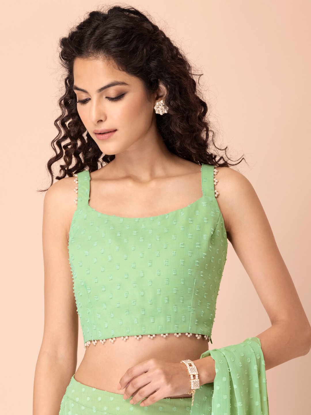 

INDYA Green Strappy Chiffon Crop Top