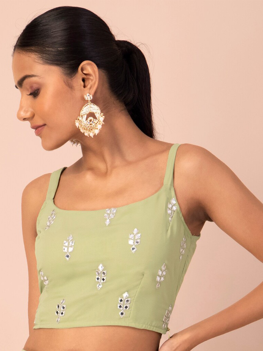 

INDYA Green Floral Print Georgette Crop Top