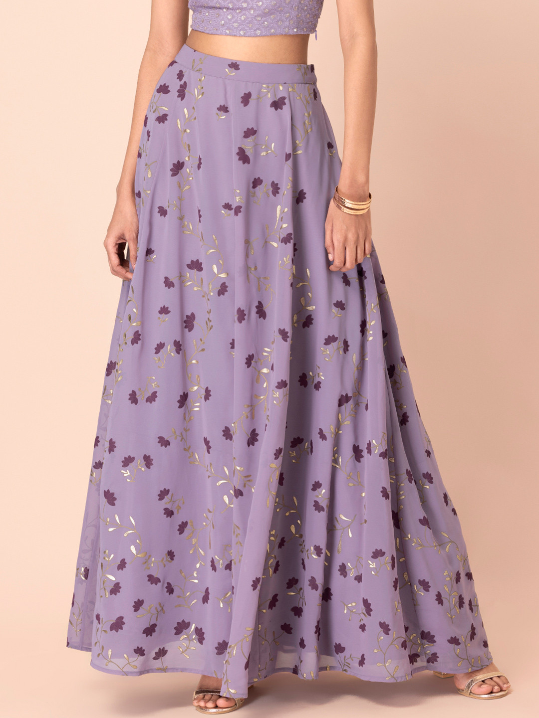 

INDYA Women Purple & Golden Foil Printed Lehanga Skirt