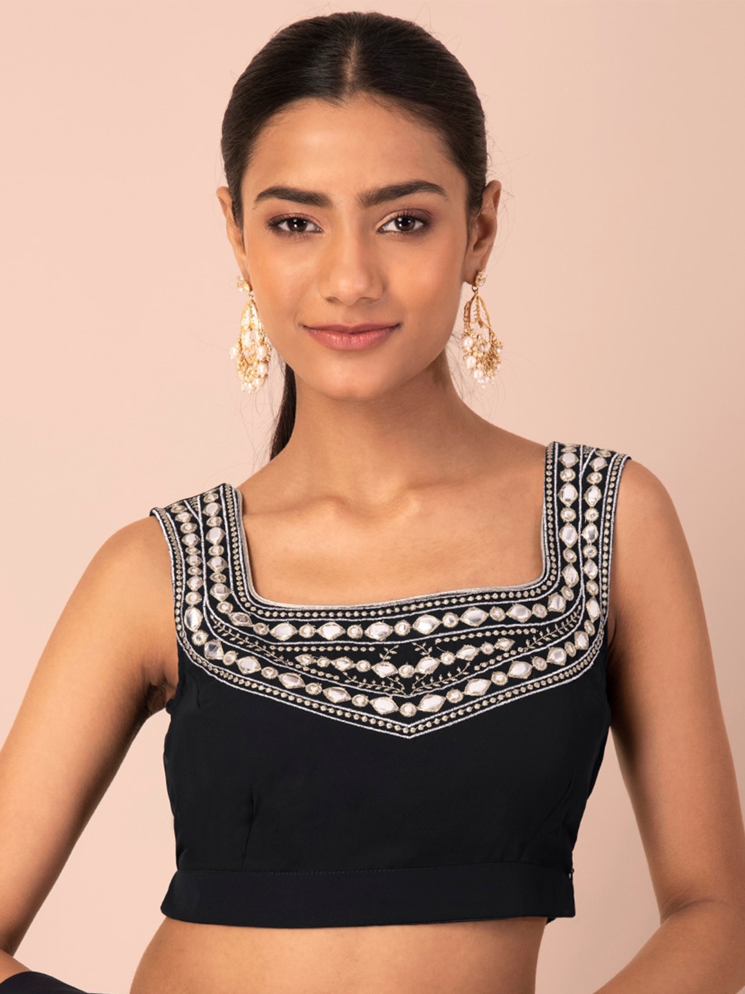 

INDYA Women Black Embroidered Crop Top