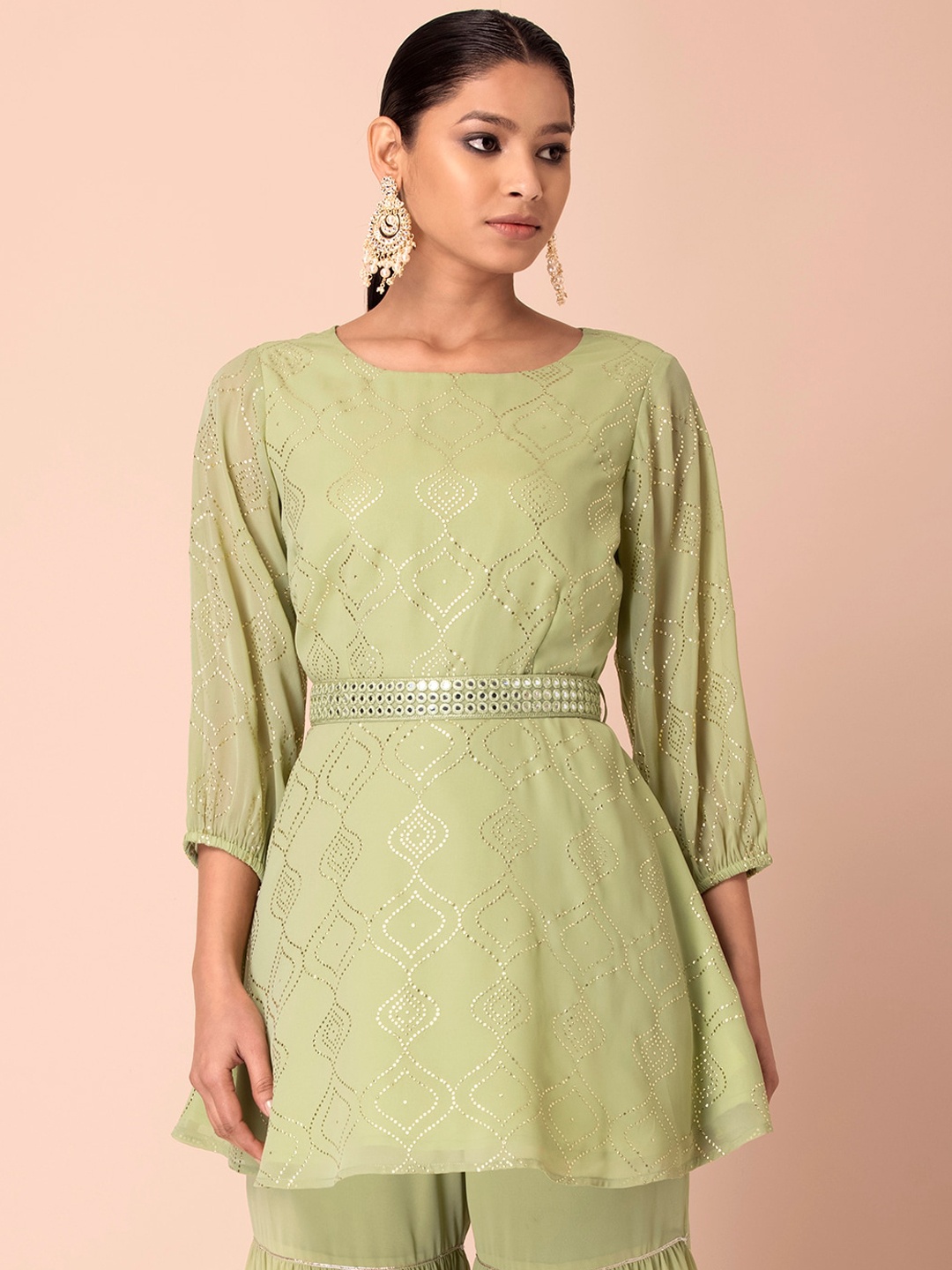 

INDYA Women Green Foil Printed Mirror Work Short Kurta with Attached Belt