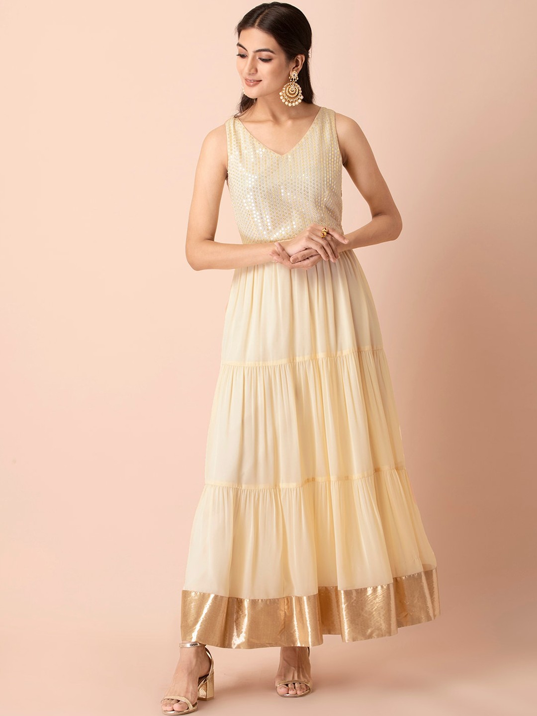 

INDYA Women Off White Sequinned Tiered Anarkali Kurta