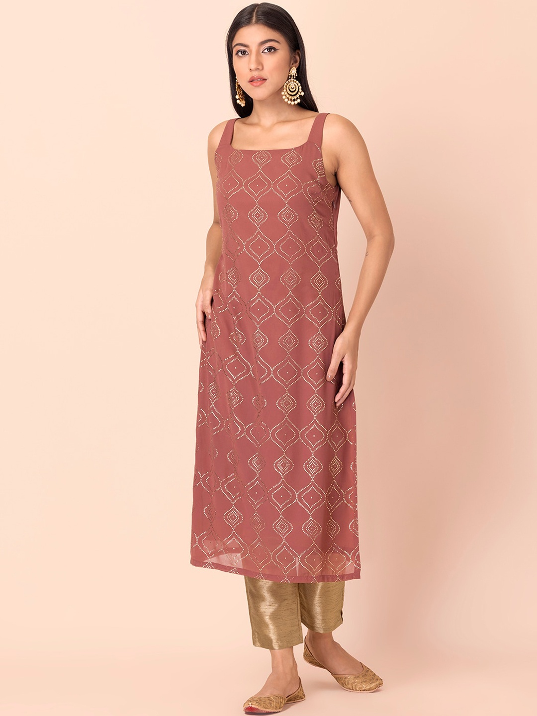 

INDYA Women Brown Geometric Georgette Kurta
