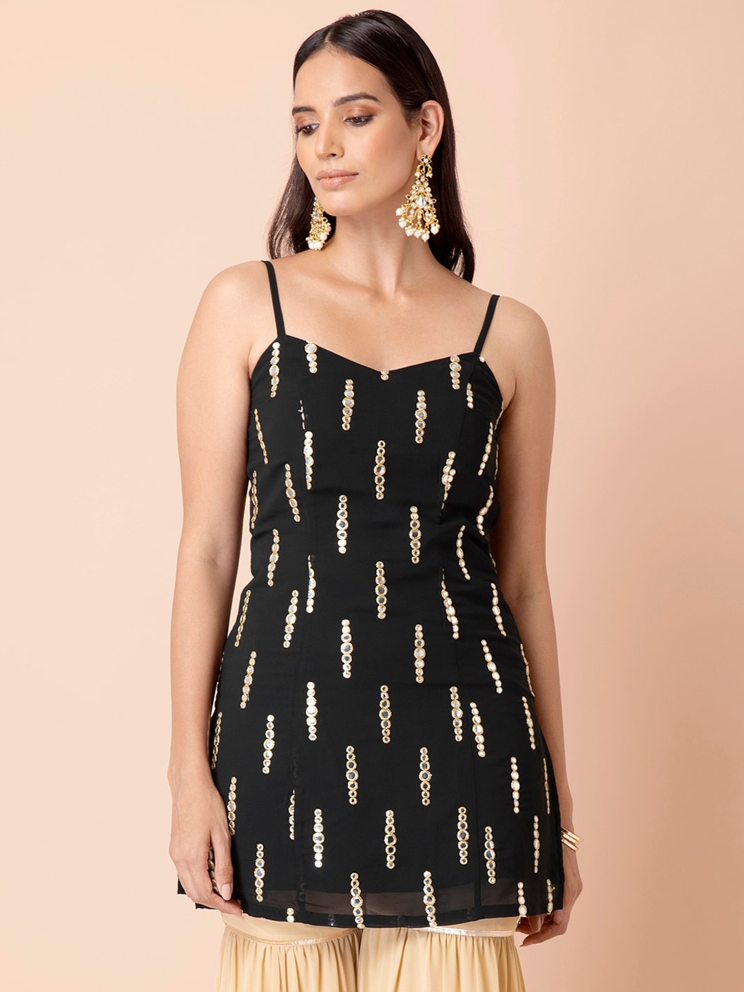 

INDYA Women Black Embroidered Mirror Work Kurta