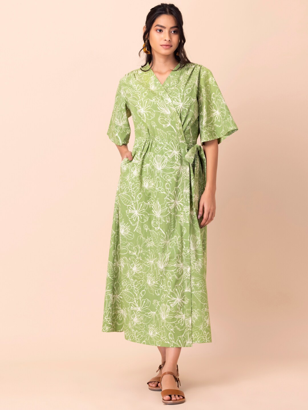 

Earthen BY INDYA Green Floral Ethnic Pure Cotton Maxi Dress