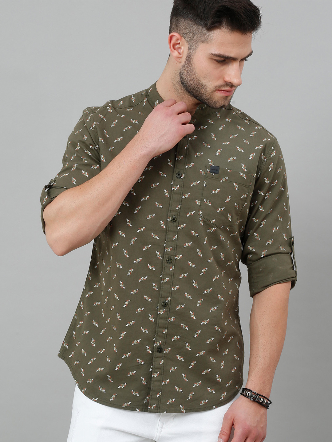 

HERE&NOW Men Green Slim Fit Floral Printed Cotton Casual Shirt