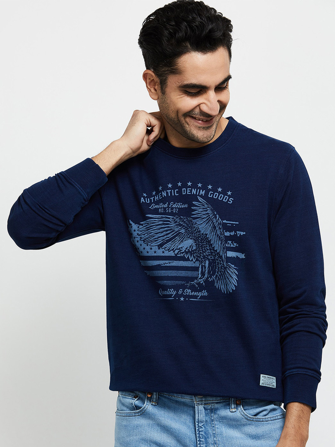 

max Men Navy Blue Printed Pure Cotton Sweatshirt
