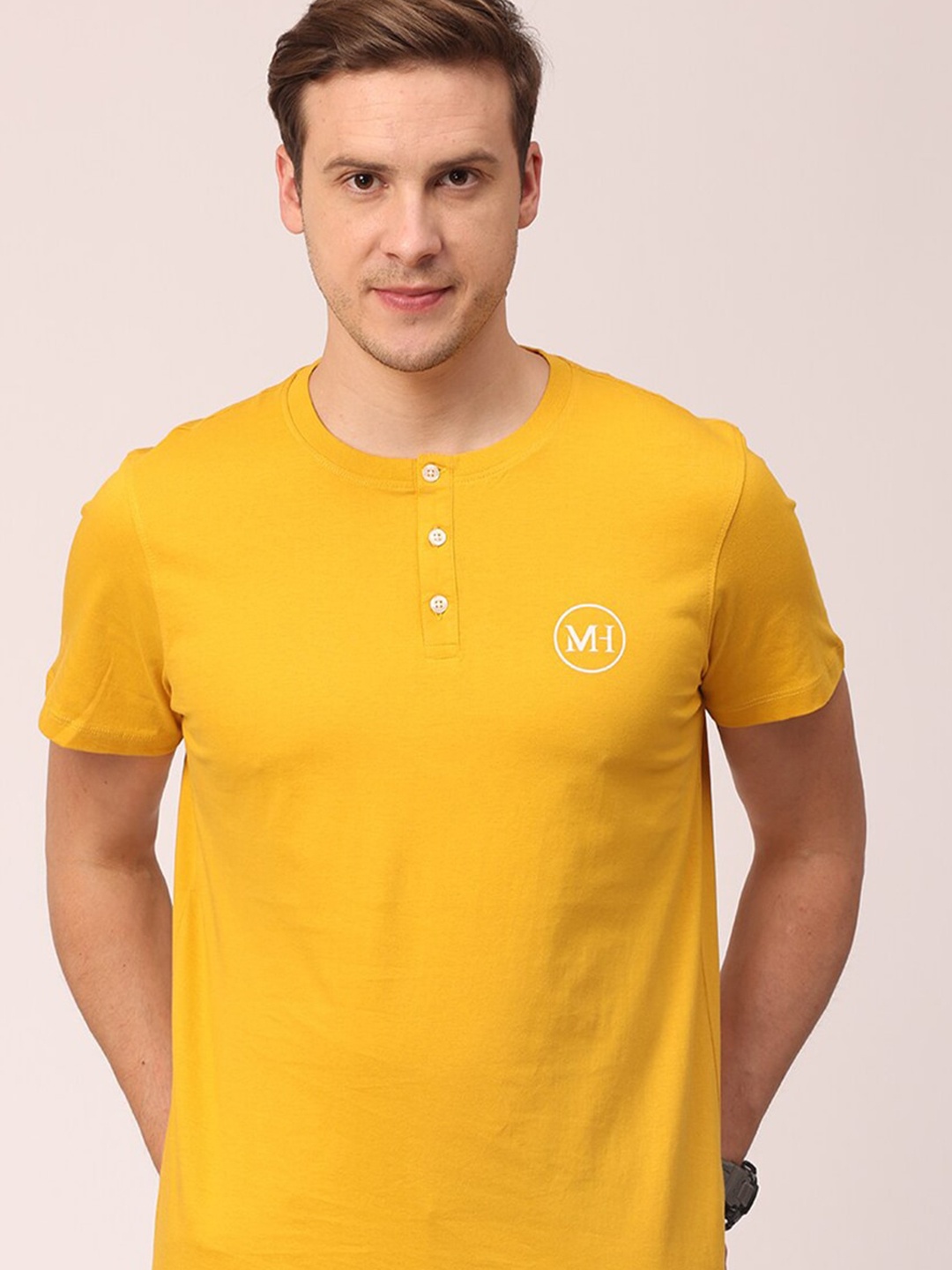 

Mast & Harbour Men Mustard Yellow Cotton Henley Neck T-shirt