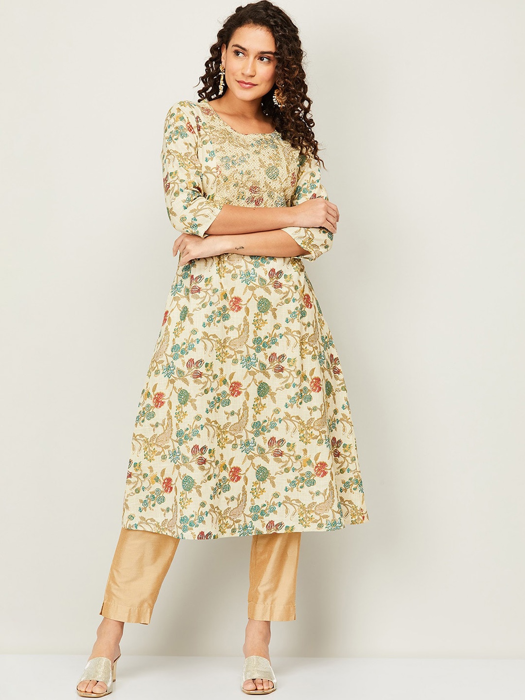 

Melange by Lifestyle Women Beige & Green Floral Printed Kurta