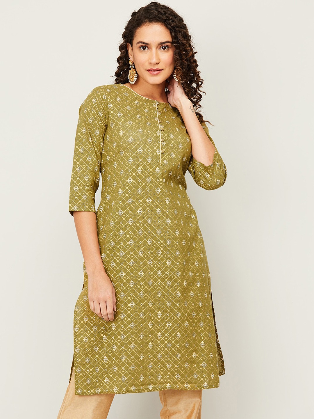 

Melange by Lifestyle Women Green Ethnic Motifs Cotton Kurta