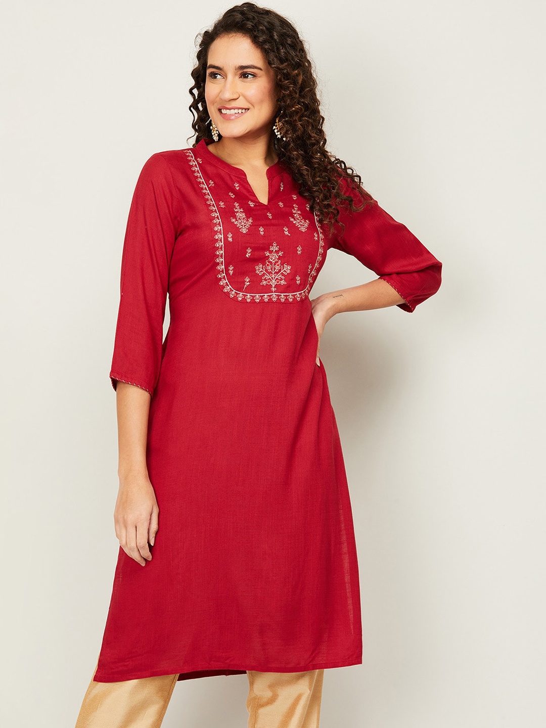 

Melange by Lifestyle Women Red Ethnic Motifs Embroidered Cotton Kurta
