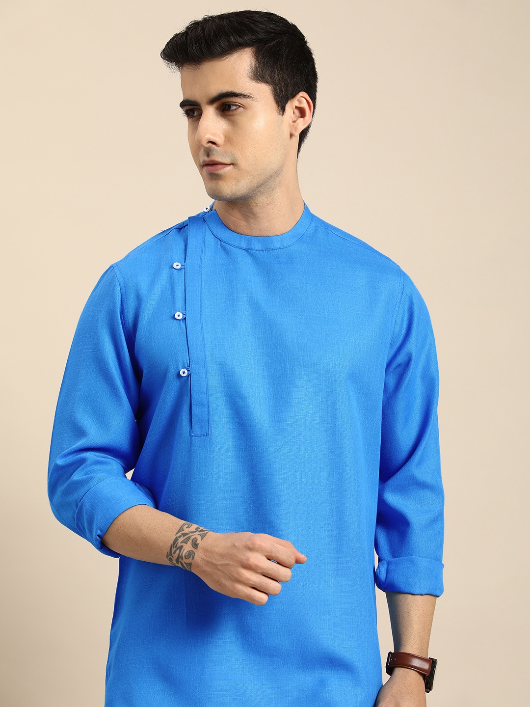 

Anouk Men Blue Solid Mandarin-Collar Angrakha Kurta