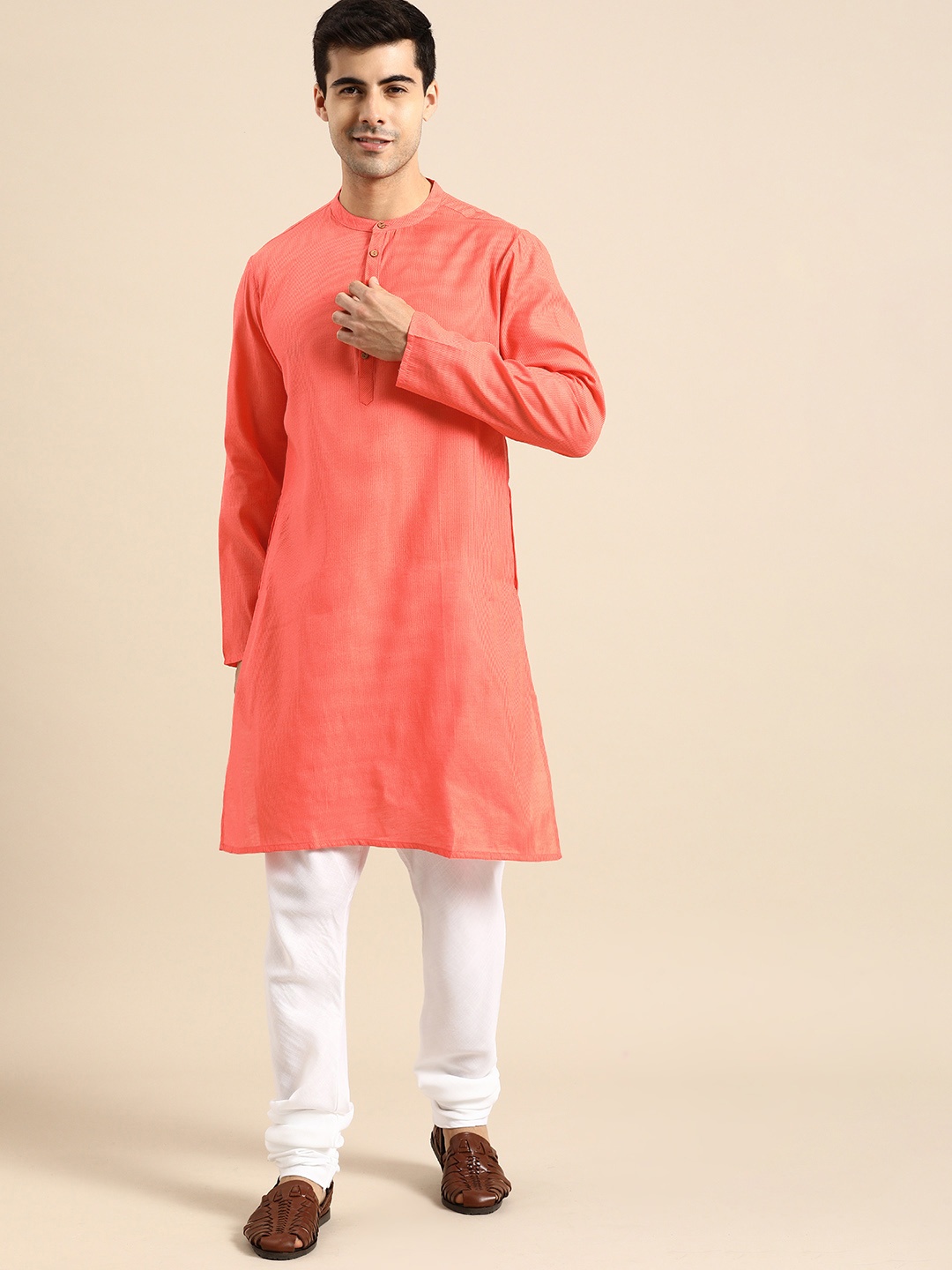 

Anouk Men Coral Orange Striped Kurta
