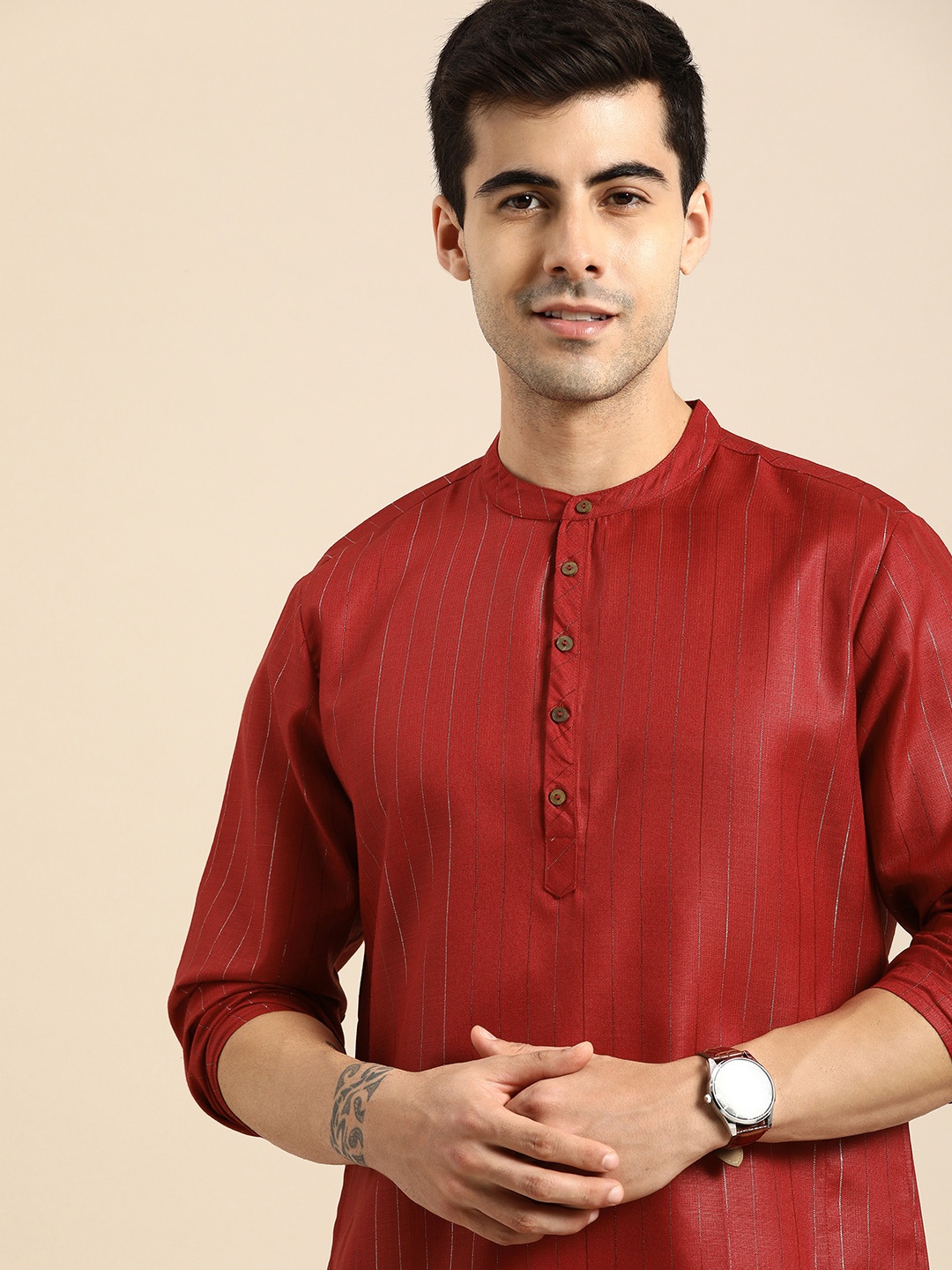 

Anouk Men Red & Gold-Coloured Striped Straight Kurta