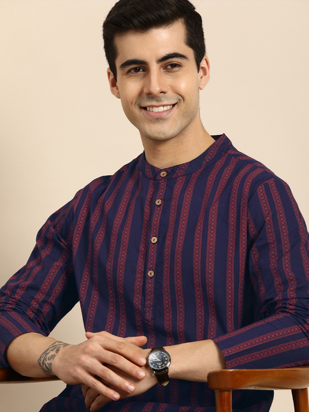 

Anouk Men Navy Blue & Red Ethnic Motifs Printed Pure Cotton Kurta