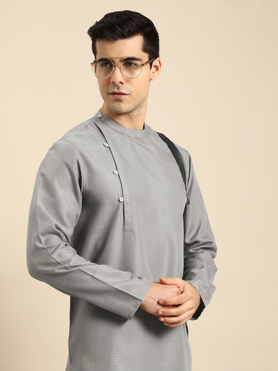 

Anouk Men Grey Solid Mandarin-Collar Angrakha Kurta