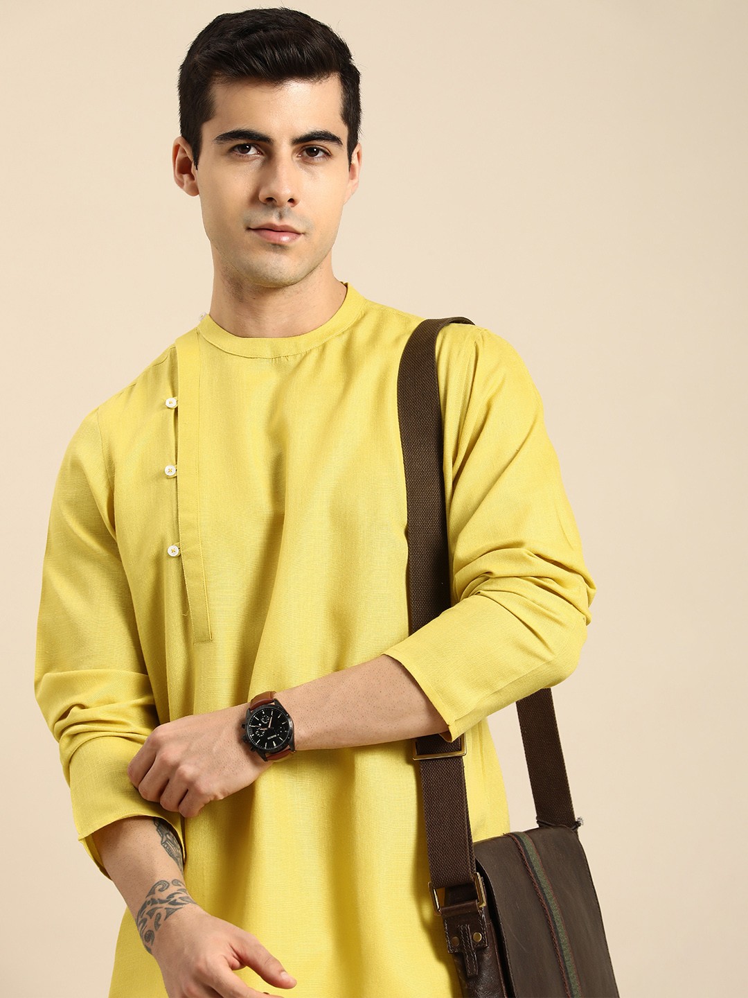 

Anouk Men Yellow Solid Mandarin-Collar Angrakha Kurta