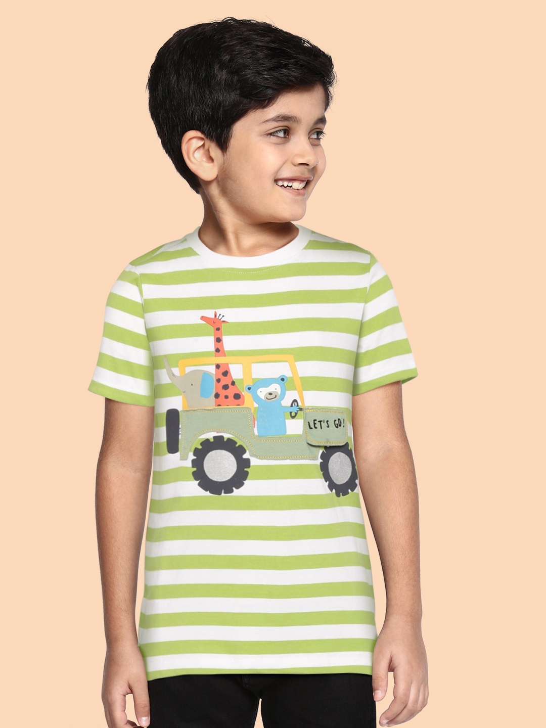 

H By Hamleys Boys Green & White Pure Cotton Striped T-shirt