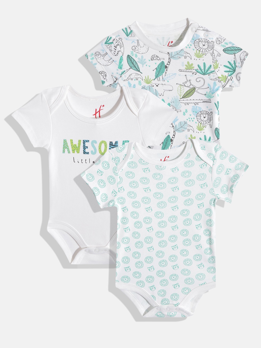 

H By Hamleys Boys Pack of 3 Printed Pure Cotton Bodysuits, White