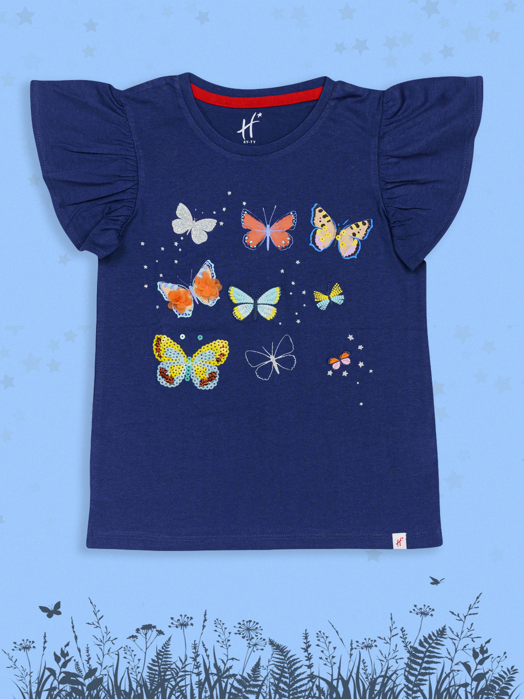

H By Hamleys Girls Navy Blue Butterfly Printed Pure Cotton T-shirt