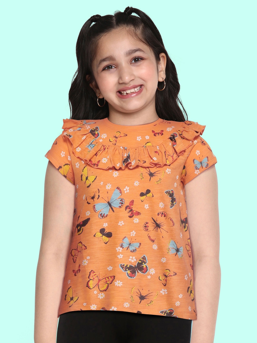 

H By Hamleys Girls Orange & Blue Printed Ruffles Pure Cotton Top