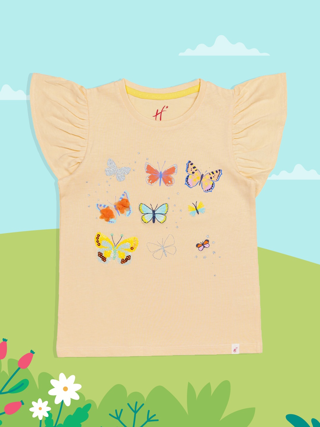 

H By Hamleys Girls Peach-Coloured Butterfly Printed Pure Cotton T-shirt